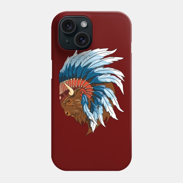 Buffalo head with indian headdress Phone Case by TMBTM