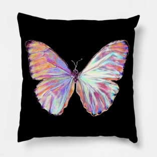 Iridescent Butterfly Drawing - Pink Shiny Morpho Butterfly Hyperrealism Pencil Art Pillow