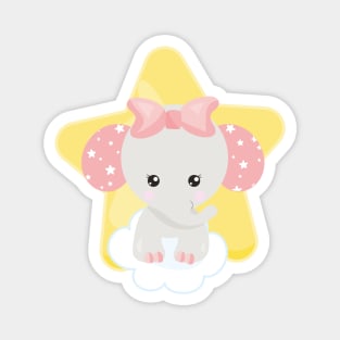 Elephant On A Cloud, Cute Elephant, Stars, Ribbon Magnet