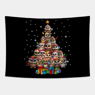 Cute Owl Christmas Tree Funny Birds Celebrate Xmas Holiday Shirt Tapestry