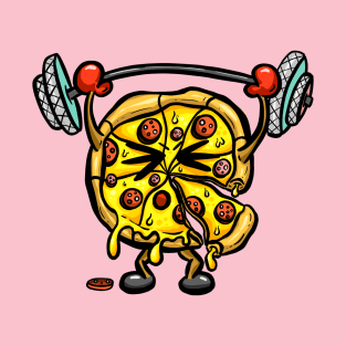 Exercise Weight Lifting Pizza Cartoon Mascot T-Shirt