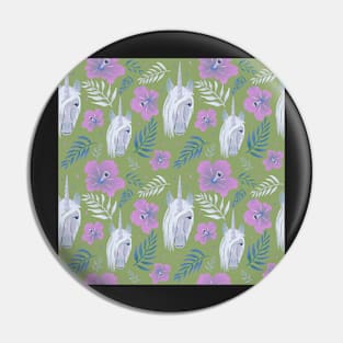 Unicorn and Hibiscus Pink Green Floral Pattern Pin