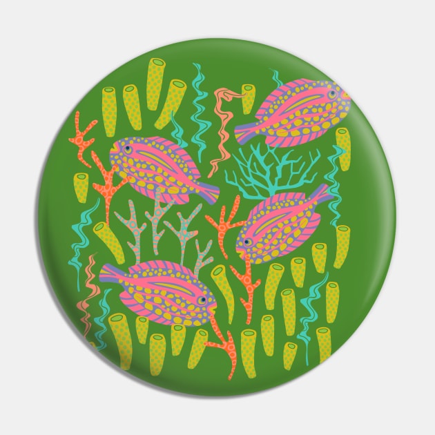 TROPICAL ZONE Coral Reef Fish Undersea Ocean Sea Creatures in Pink Purple Yellow Orange on Green - UnBlink Studio by Jackie Tahara Pin by UnBlink Studio by Jackie Tahara