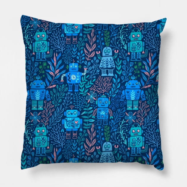 Robots and Flowers Pillow by kostolom3000