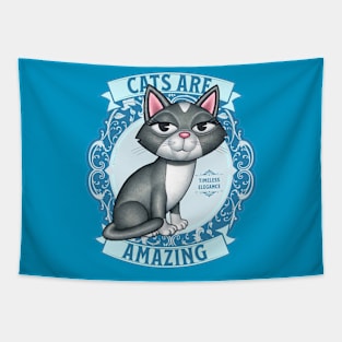 Cute Gray White Kitty Cat on Teal Cats are Amazing Tapestry