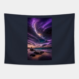 Milky way at night sky above ocean shore Tapestry