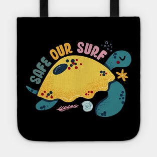 Safe our Surf quote with cute sea animal turtle, starfish, coral and shell aesthetic pastel color illustration. Tote