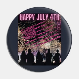 Happy July 4th Fireworks (silhouettes + pink flag) Pin