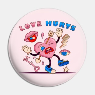 Love hurt, heart hit by an arrow with key elements, lightning, eyes and mouth in retro cartoon style Pin