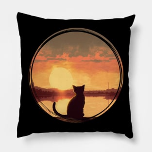 Cat Looking At Sunset Pillow