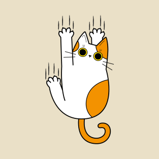White and orange cat hanging on T-Shirt