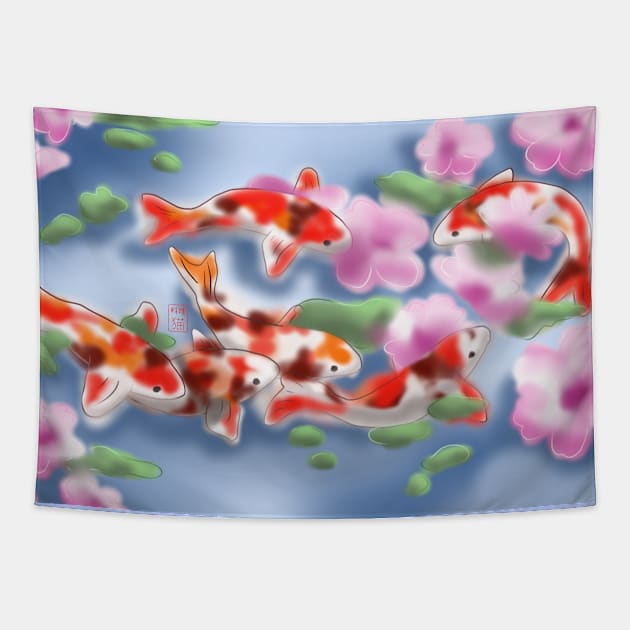 Cherry blossoms and koi carp in purple water Tapestry by cuisinecat