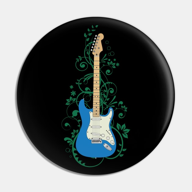 Blue S-Style Electric Guitar Flowering Vines Pin by nightsworthy