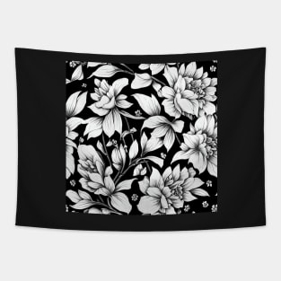 Vintage Floral Cottagecore  Romantic Flower Peony Rose Design Black and White Tapestry