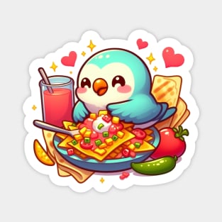 cute love birds are eating Mexican specialties, Tacos, Burritos, Enchiladas, Quesadillas, Guacamole, Fajitas, Chiles Rellenos, Tamales, Mole, Chilaquiles, Magnet