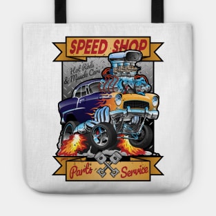 Speed Shop Hot Rod Muscle Car Parts and Service Vintage Cartoon Illustration Tote