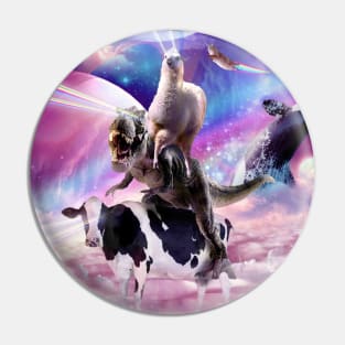 Laser Eyes Space Llama On Dinosaur Cow - Rainbow Pin