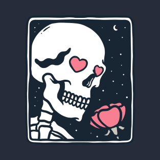 Flower Skull in Night Love Illustration T-Shirt