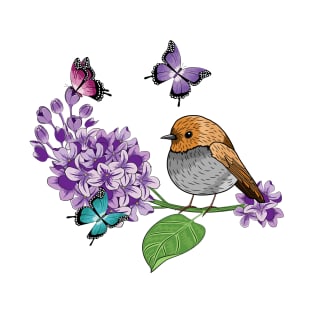 Lilac - Butterflies And Robin Bird T-Shirt