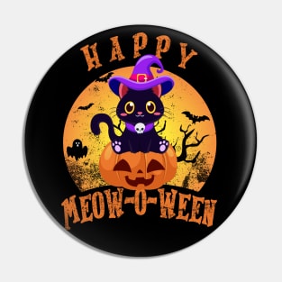 Happy Halloween Meowoween Cute Black Cat Witch Hat Vintage Pin