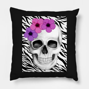 Skull With Flowers (On Zebra Print Background) Pillow