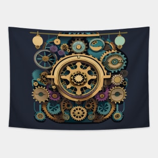 a steampunk-inspired t-shirt with intricate gears, cogs, and mechanical elements, design like tipseason. Incorporate a vintage color scheme and Victorian-era aesthetics for a retro-futuristic look Tapestry