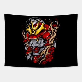 colorful tiger head in samurai helmet surrounded Tapestry