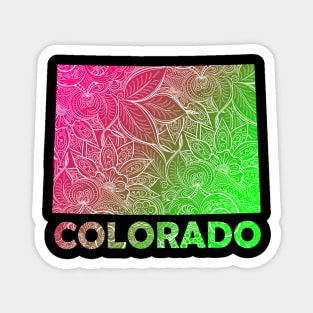 Colorful mandala art map of Colorado with text in pink and green Magnet