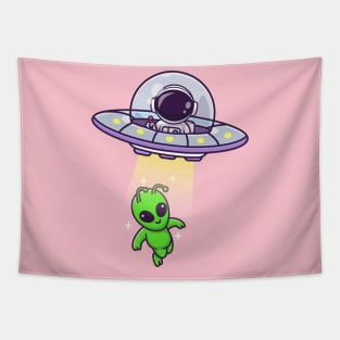 Cute Astronaut Catching Alien With Ufo Cartoon Tapestry