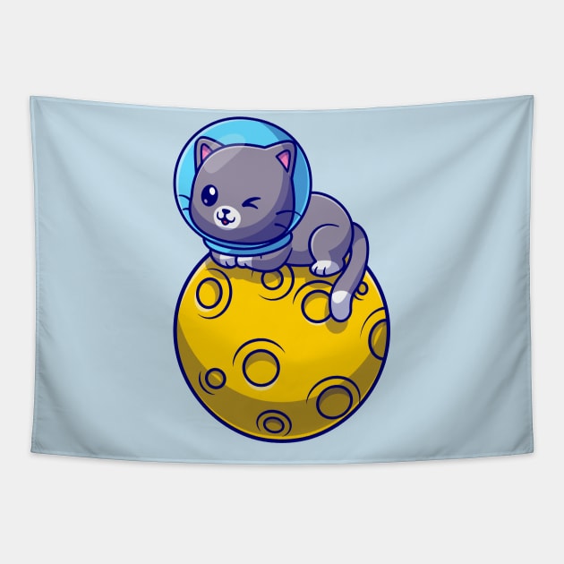 Cute Astronaut Cat Sitting On Moon Cartoon Tapestry by Catalyst Labs