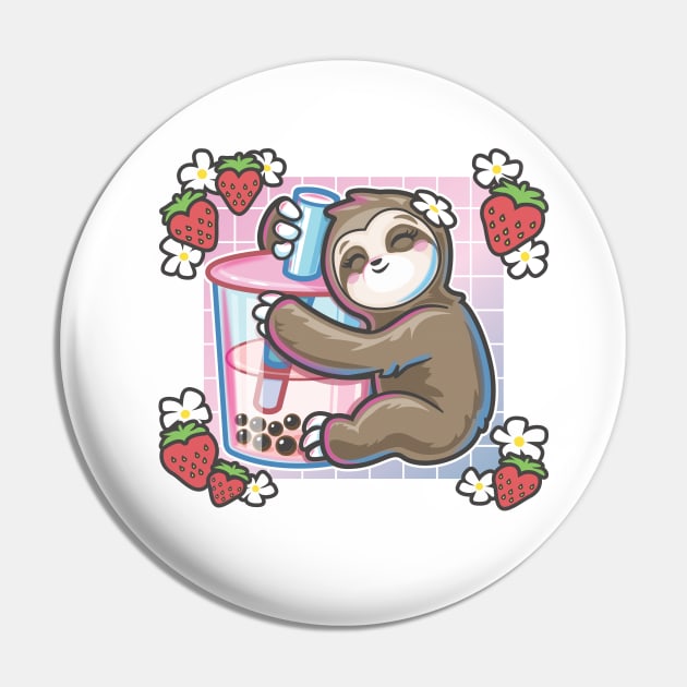 Kawaii Sloth Strawberry Milk Boba Tea Pin by PnJ