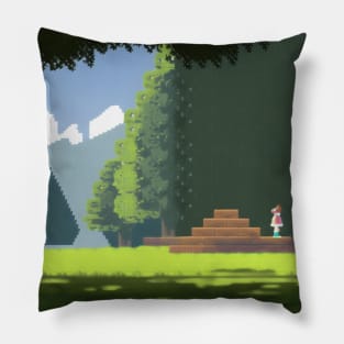 A person standing on a platform in the middle of a forest Pillow