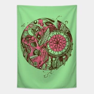 Pink Mint Skull and Dreamcatcher Circle Tapestry