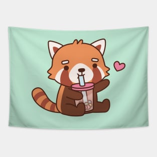 Cute Red Panda Loves Boba Tea Tapestry