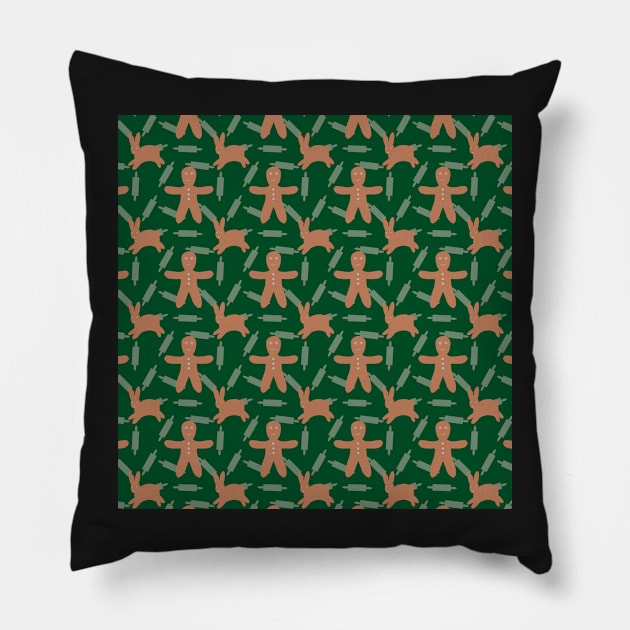 Gingerbread boy and bunny green Pillow by Amalus-files