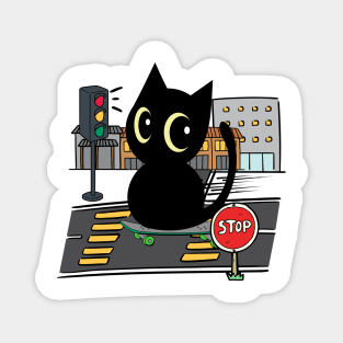 Funny black cat is on a skateboard Magnet