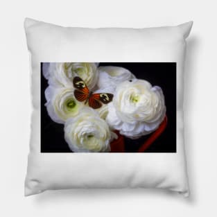 Orange Butterfly Resting On Ranunculus Pillow