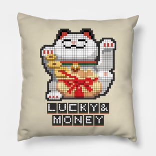 Maneki Neko Lucky & Money Japanese chubby white cat pixel art Pillow