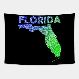 Colorful mandala art map of Florida with text in blue and green Tapestry