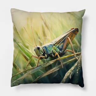 Grasshopper Sitting on a Straw Watercolor Pillow