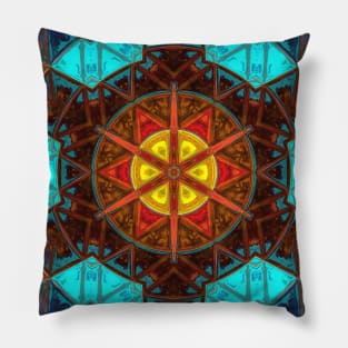 Mosaic Kaleidoscope Flower Blue Orange and Yellow Pillow