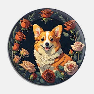 Corgi Surrounded By Red Roses Pin