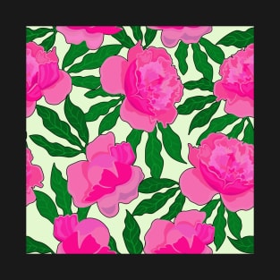 Pink Peonies on Green Background Peony Floral Print Pattern T-Shirt