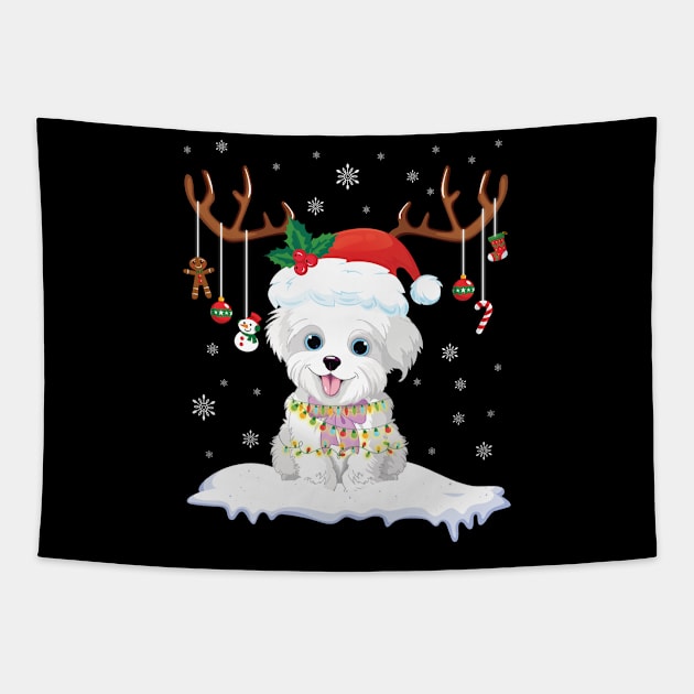 Morkie Reindeer Santa Noel Costume DancE On Snow Merry Xmas Tapestry by bakhanh123