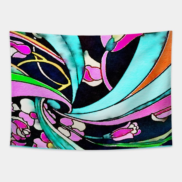 1980s Groovy turquoise hot pink abstract vintage floral Tapestry by Tina