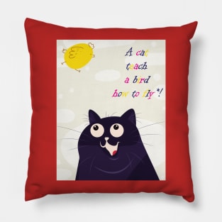 A cat teach a bird how to fly Pillow