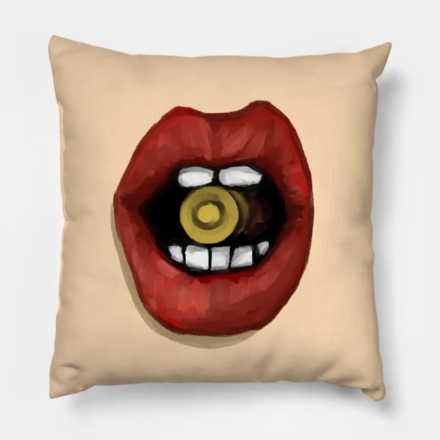 biting the bullet Pillow by Newtegan