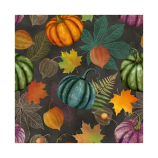 Colorful autumn watercolor seamless botanical pattern, Pumpkins, maple leaves, Physalis composition. Thanksgiving vibrant textural background T-Shirt