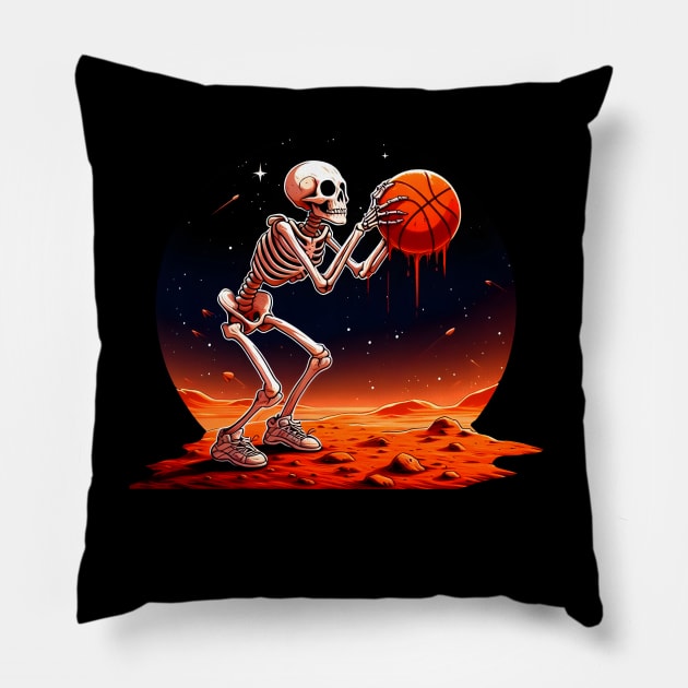 Skeleton Playing Bascketball On Mars Pillow by Nightmare Tee