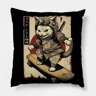 Skateboard Samurai Cat Tattoo, Kawaii Ninja Cat Pillow